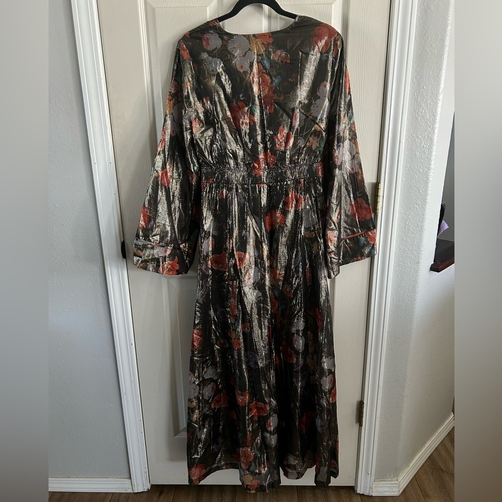 Anthropologie Caballero NWT Metallic Floral Maxi Dress Long Sleeve Sz Med Shiny - Picture 14 of 16